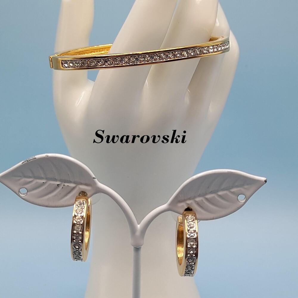 Vintage Swarovski Bracelet Hoop Earrings Set, Gold Plated Rhinestones, Swan Logo